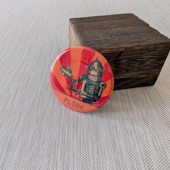 PLONK Robot Drink Button Orange 2.25" Handcrafted Cartoon Cocktail Waiter Fun - Picture 7 of 10